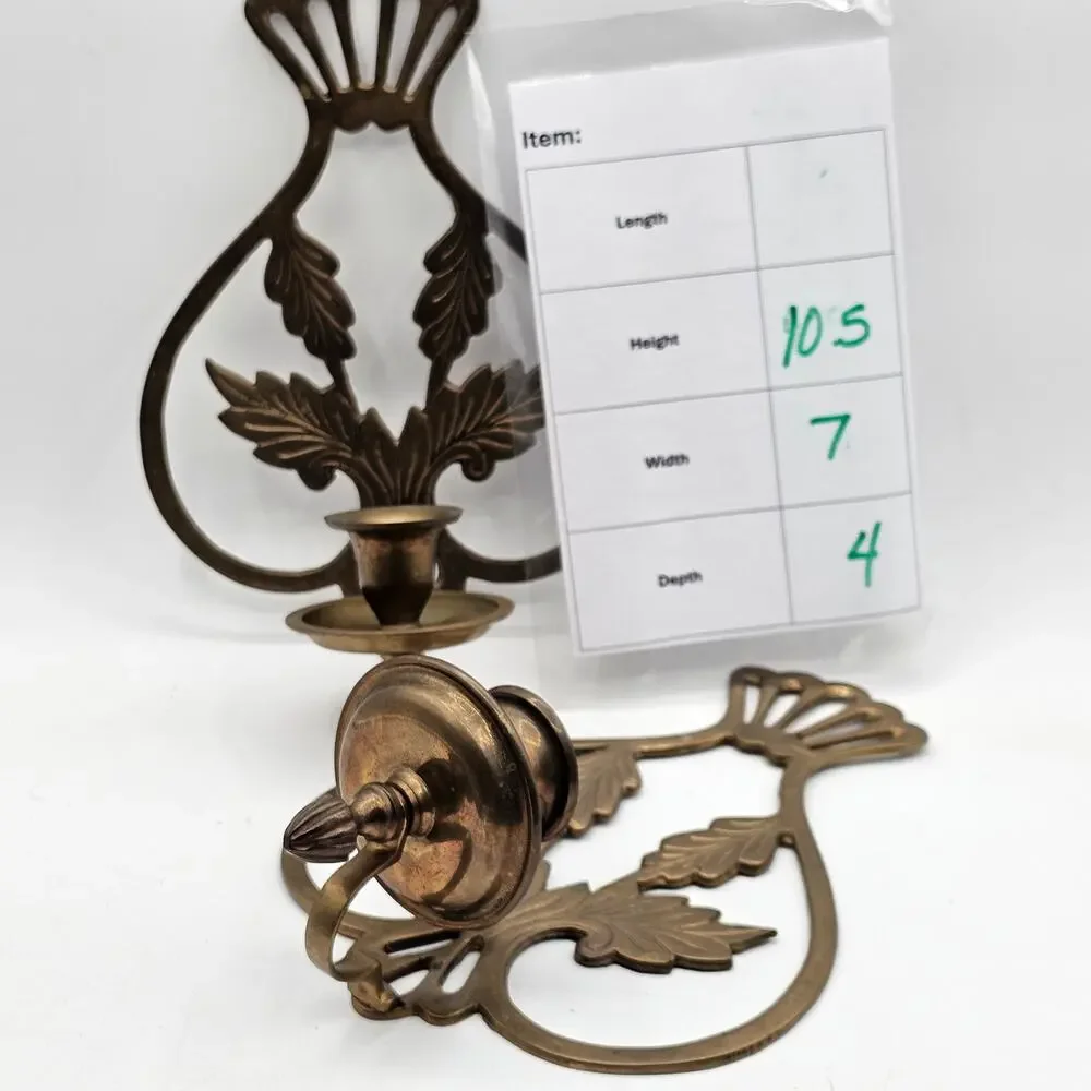 Vintage Solid Brass Wall Sconce Candle Holder Flowing Leaf Etched India